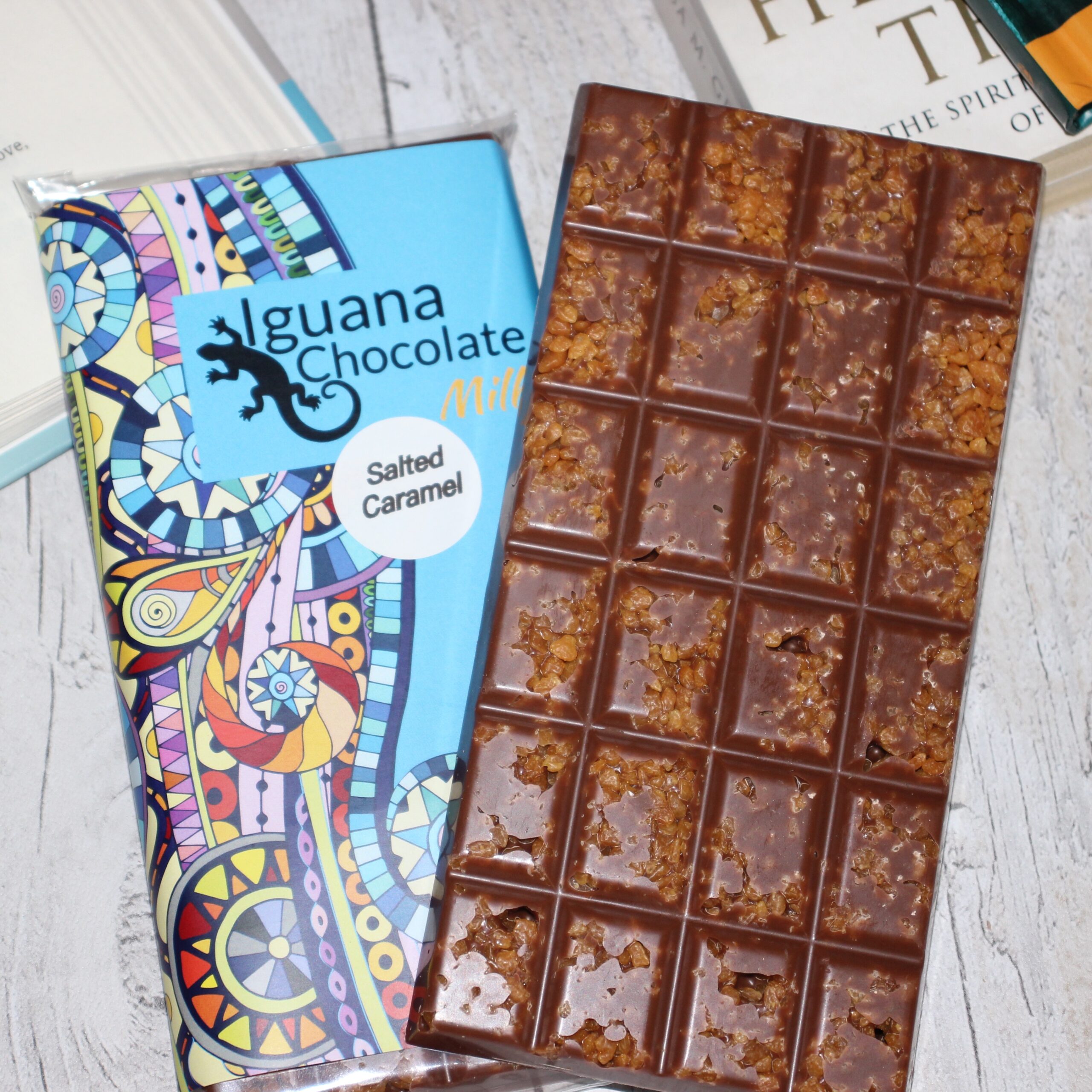 Salted Caramel Belgian Milk Chocolate Bar.